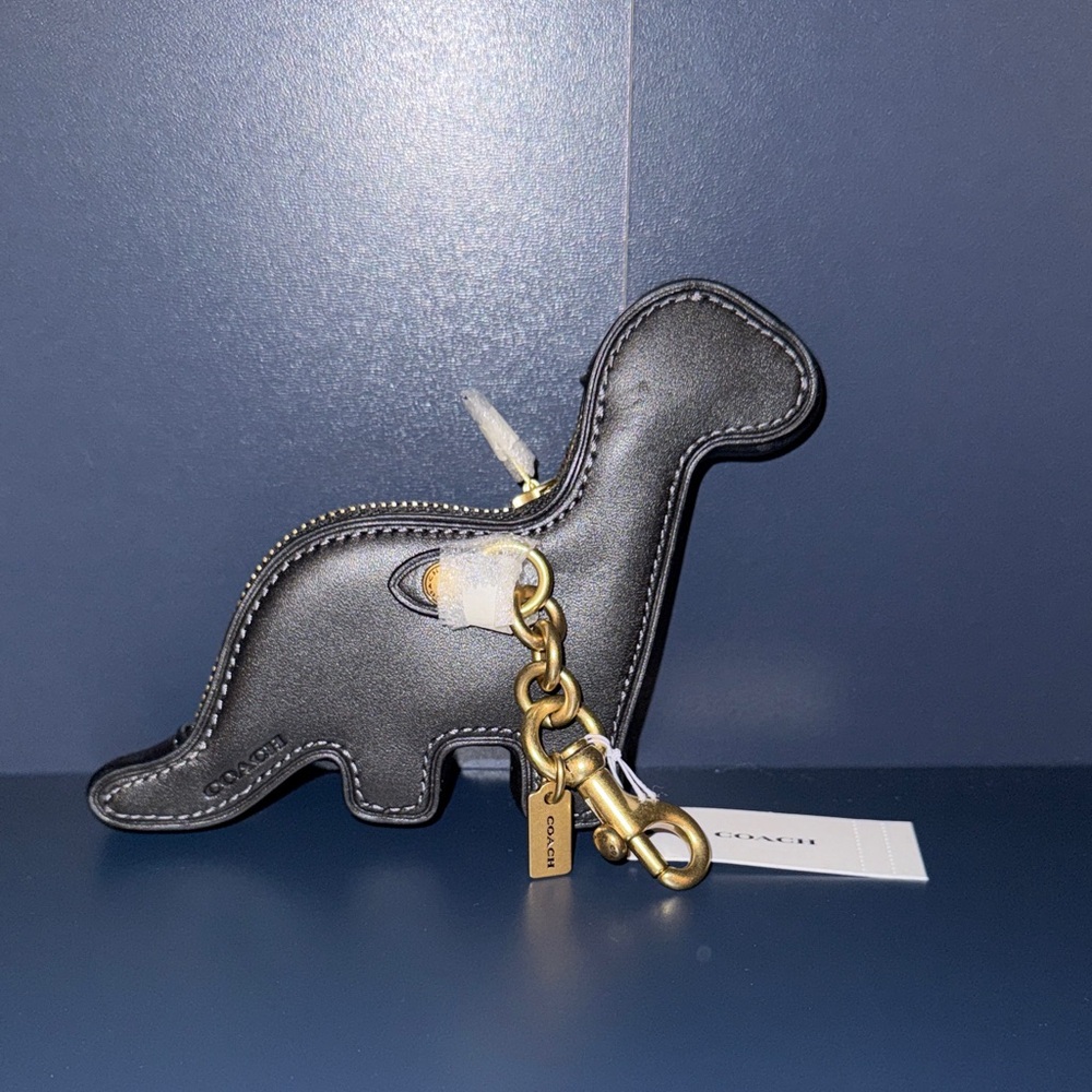 NWT Coach Black Leather Dino Zippered Charm Change Purse
